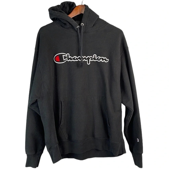 CHAMPION Mens Reverse Weave Black 3D Spellout Logo Hoodie Kangaroo Pocket XL - Picture 2 of 11